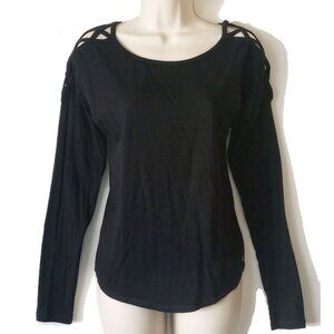 GapFit Long Sleeve Lattice-Shoulder Top S Black Gap Fit